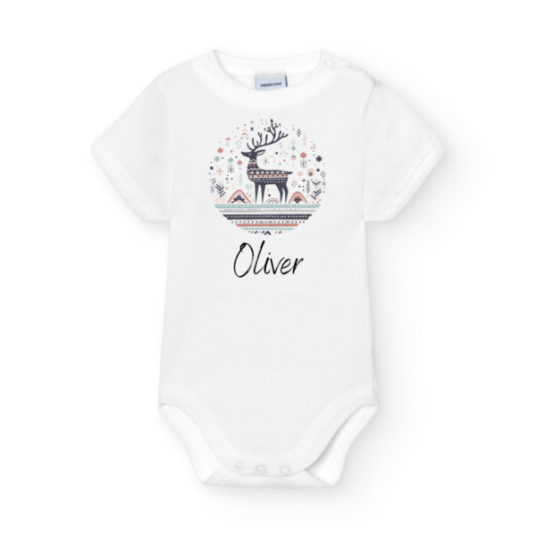 Nordic reindeer in customizable bodysuit with baby's name